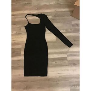 NEW~Pretty Black Ribbed Knit One Shoulder Long Sleeve Bodycon Mini Dress Sz L